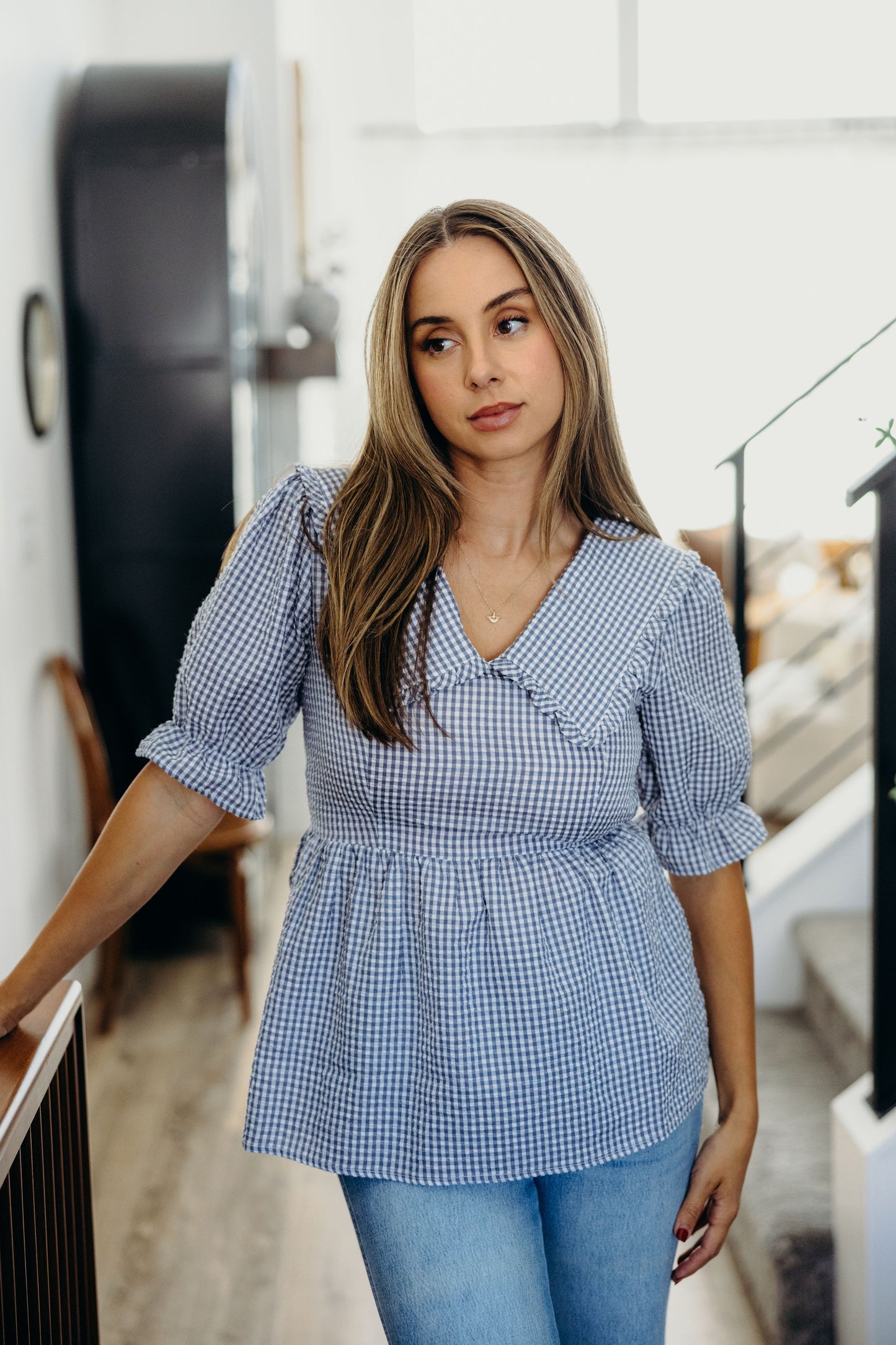 PETER PAN COLLARED BLOUSE IN LIGHT BLUE GINGHAM