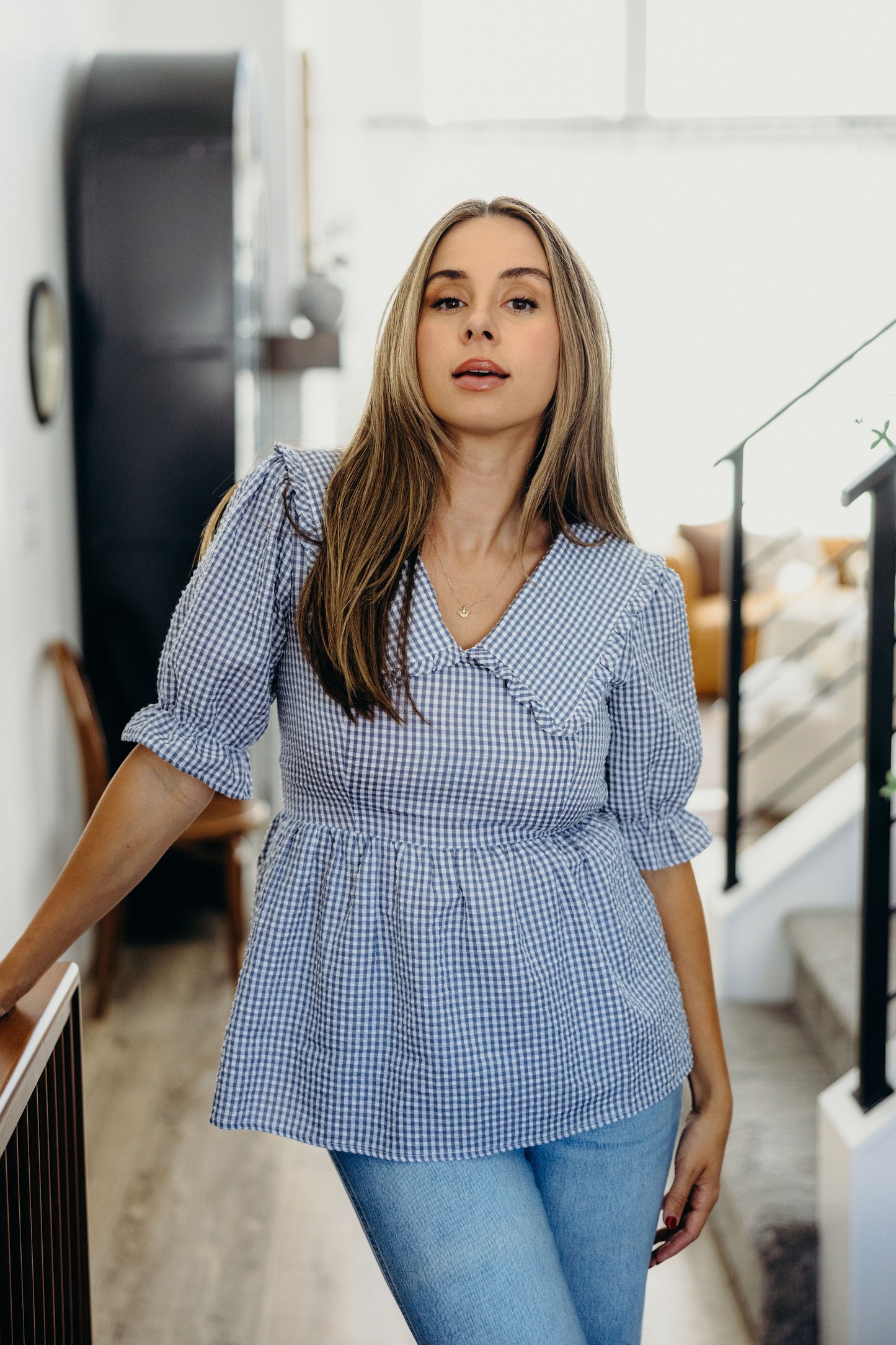 PETER PAN COLLARED BLOUSE IN LIGHT BLUE GINGHAM