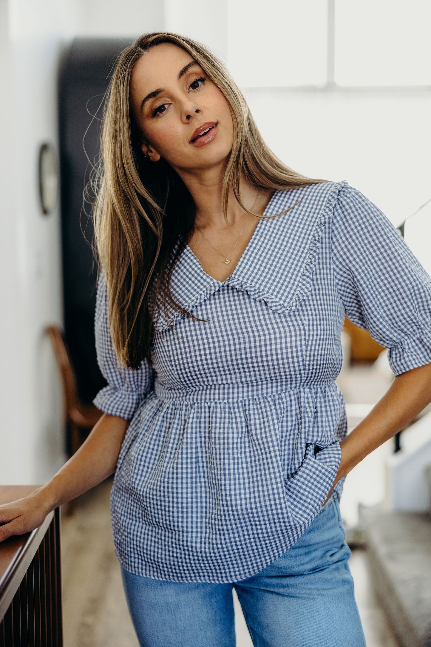 PETER PAN COLLARED BLOUSE IN LIGHT BLUE GINGHAM