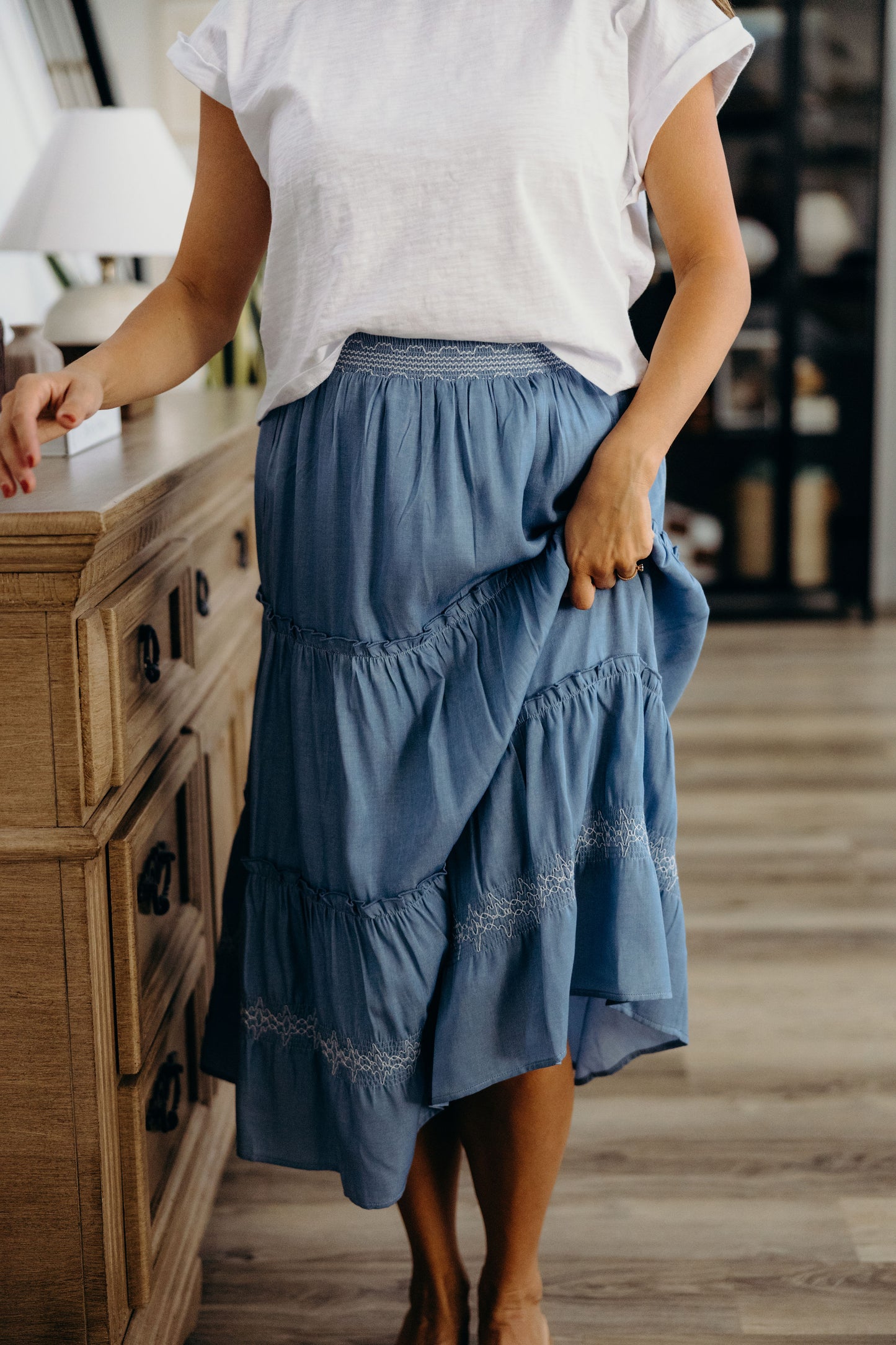 EMBROIDERED TRIM MAXI SKIRT IN CHAMBRAY