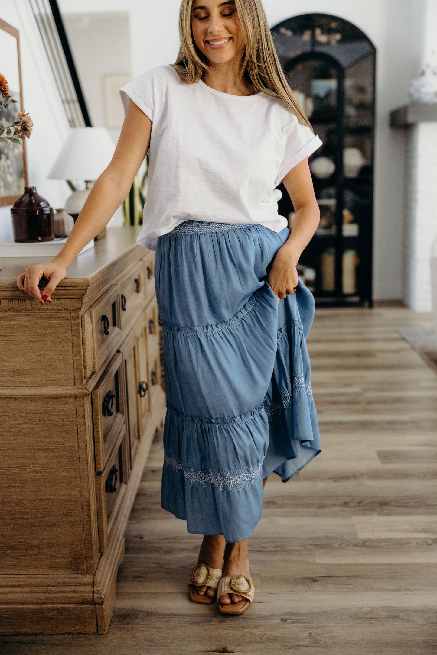 EMBROIDERED TRIM MAXI SKIRT IN CHAMBRAY