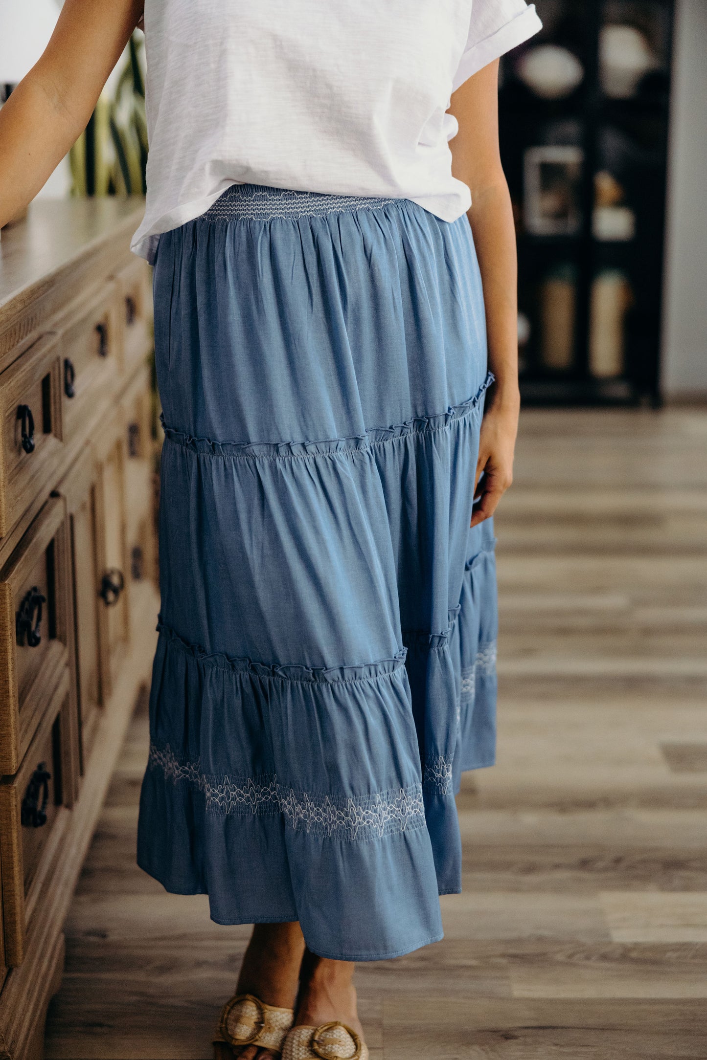 EMBROIDERED TRIM MAXI SKIRT IN CHAMBRAY