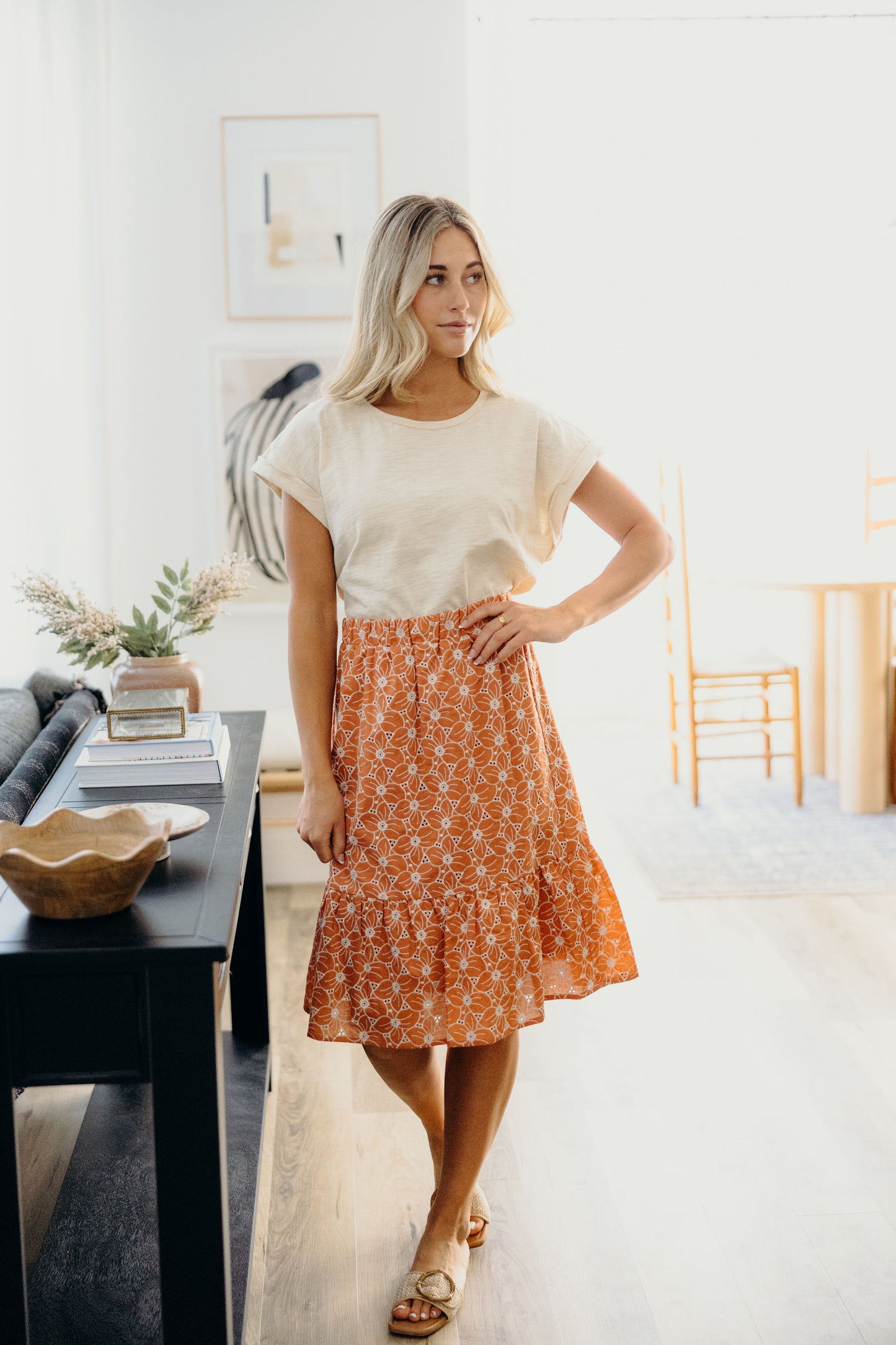 EMBROIDERED ORGANZA SKIRT IN BURNT ORANGE