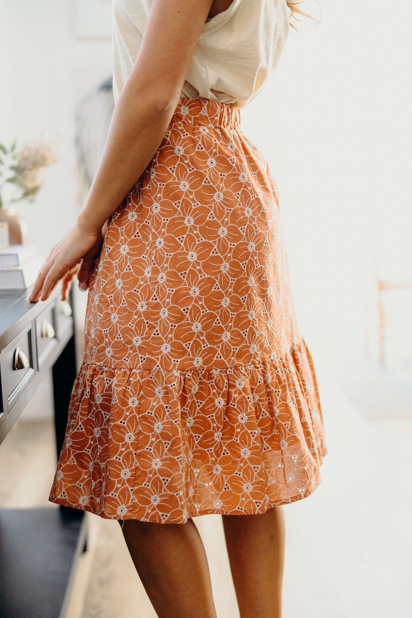 EMBROIDERED ORGANZA SKIRT IN BURNT ORANGE