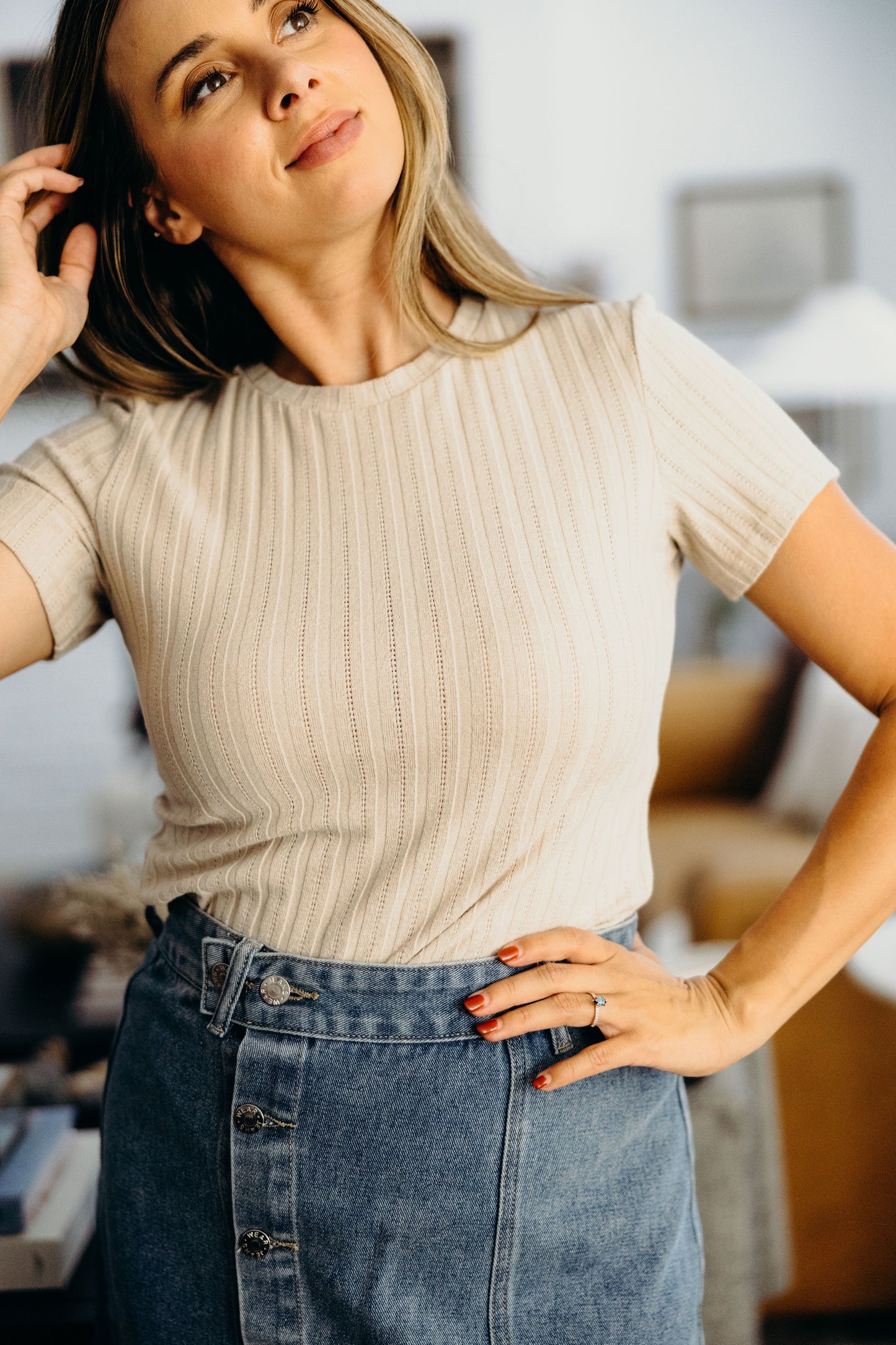 POINTELLE TOP IN OATMEAL