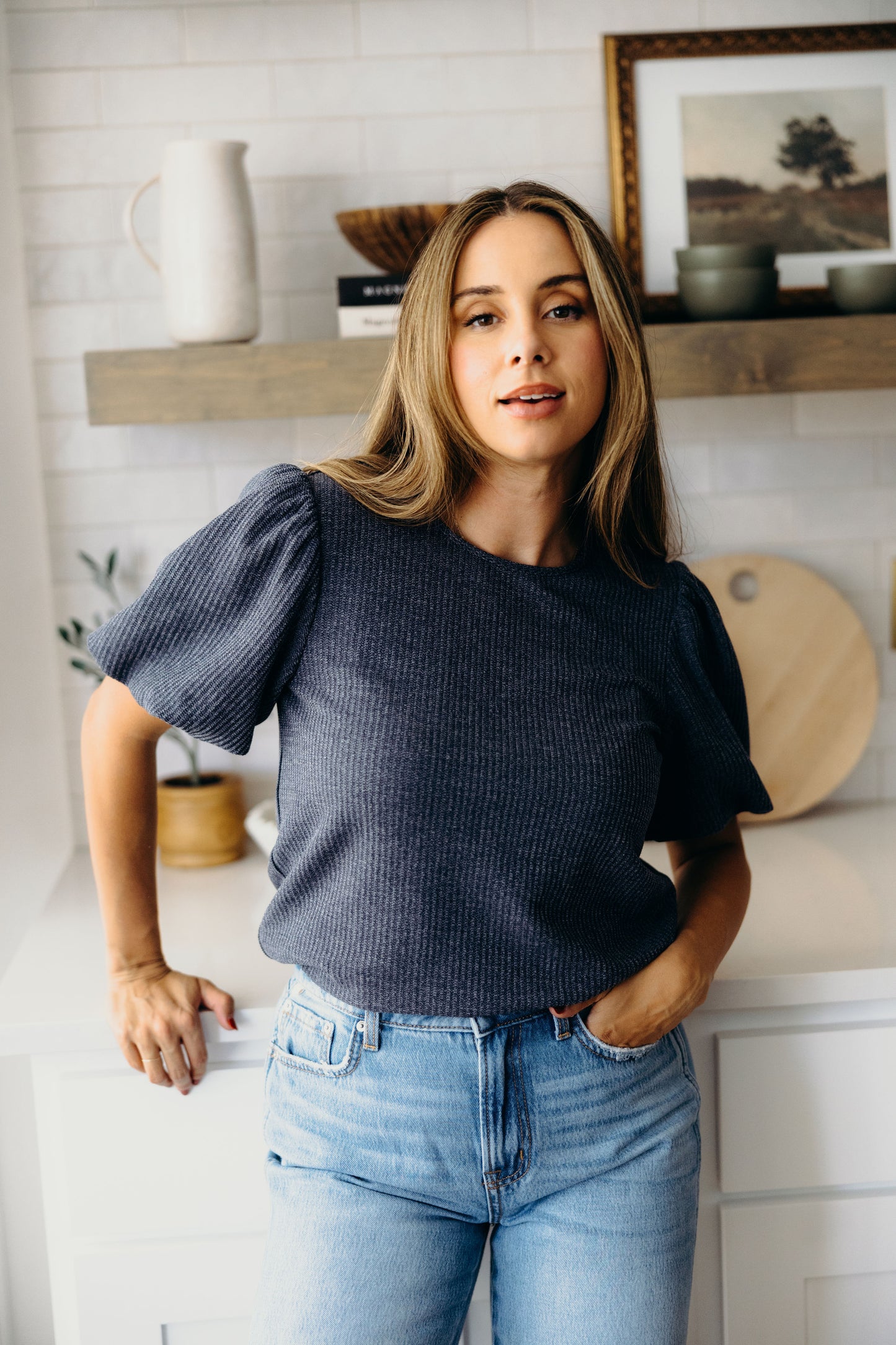 TEXTURED PUFF SLEEVE BLOUSE IN SLATE BLUE FINAL SALE