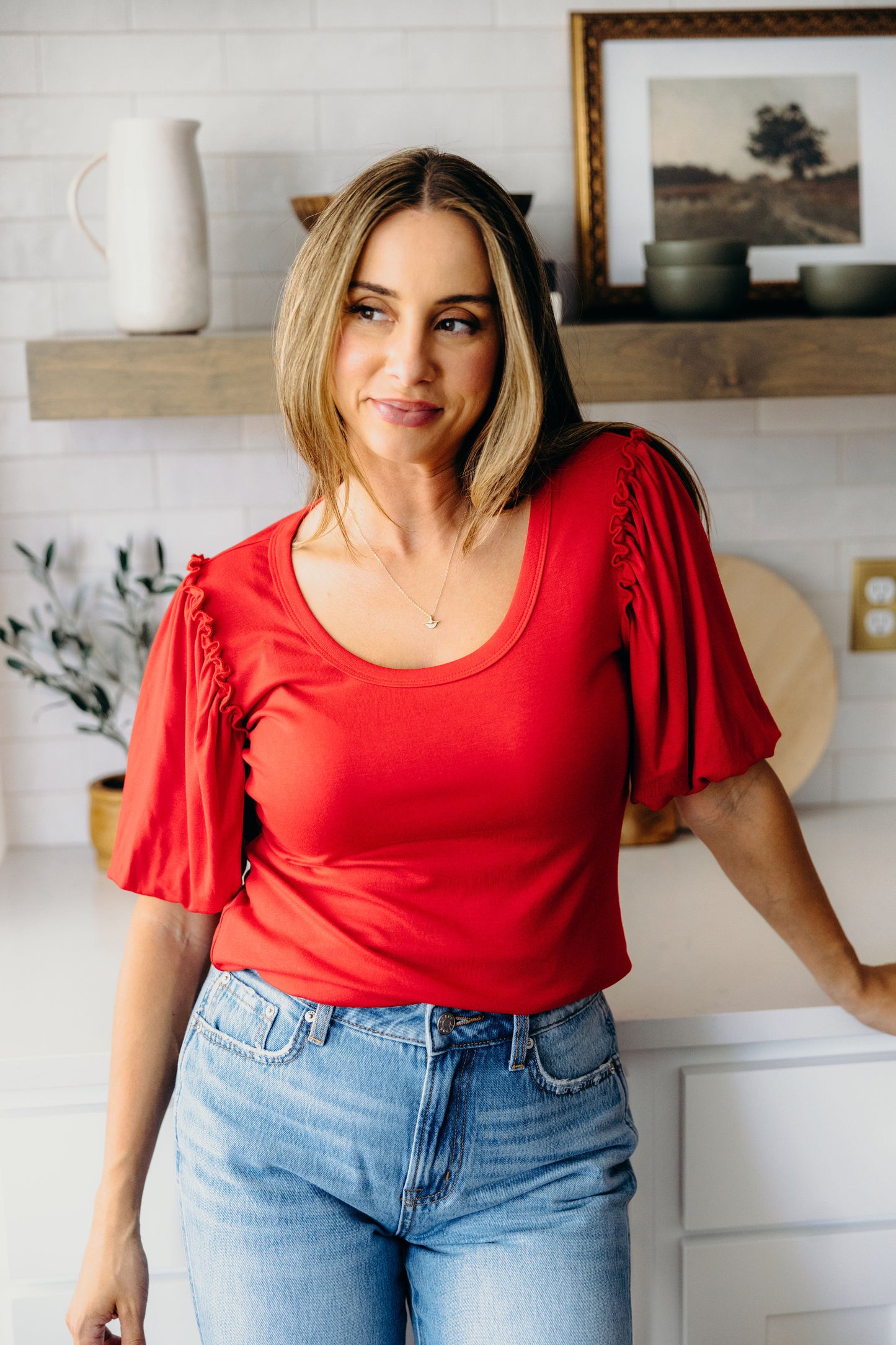 BUBBLE SLEEVE BLOUSE IN CARDINAL