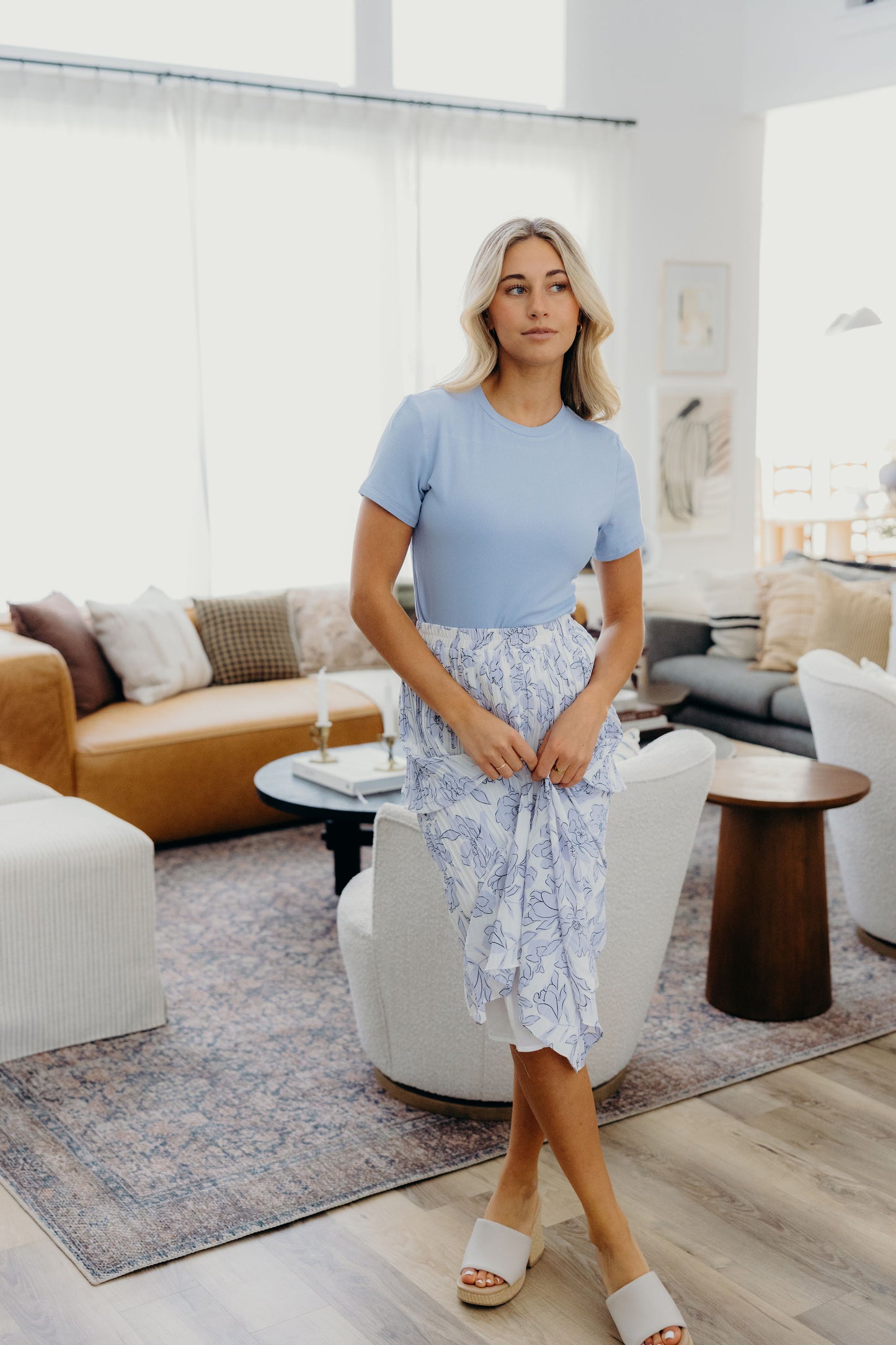PLEATED MIDI SKIRT IN PERIWINKLE STENCIL