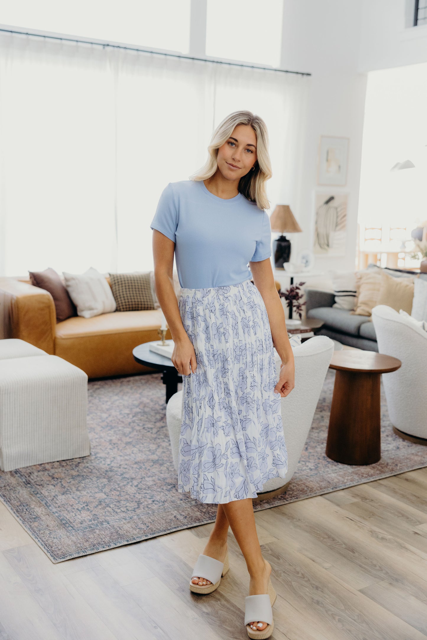 PLEATED MIDI SKIRT IN PERIWINKLE STENCIL