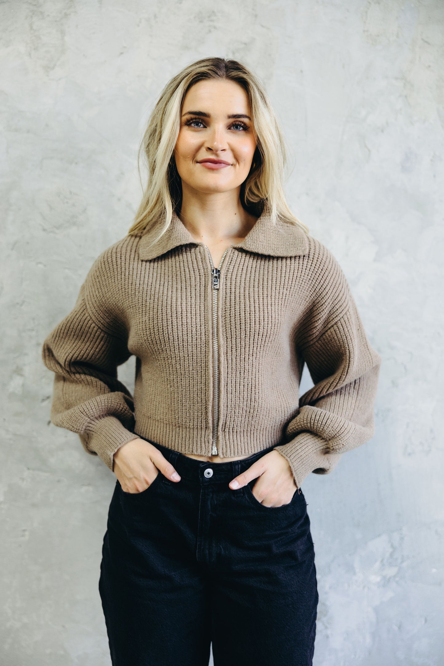 CROP ZIPPER SWEATER IN CINDER FINAL SALE