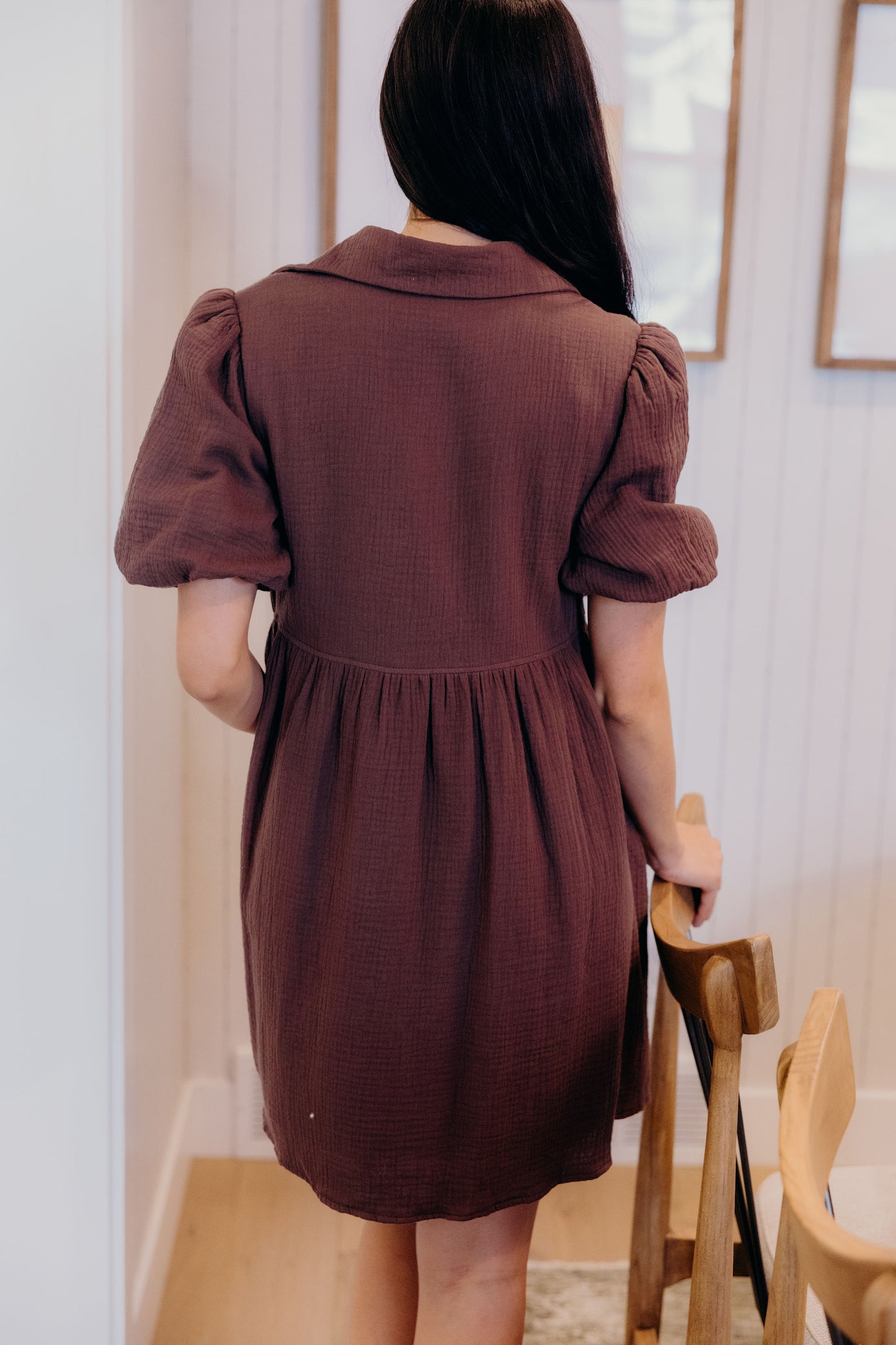 Back view of dark brown dress with natural waistline and collar.
