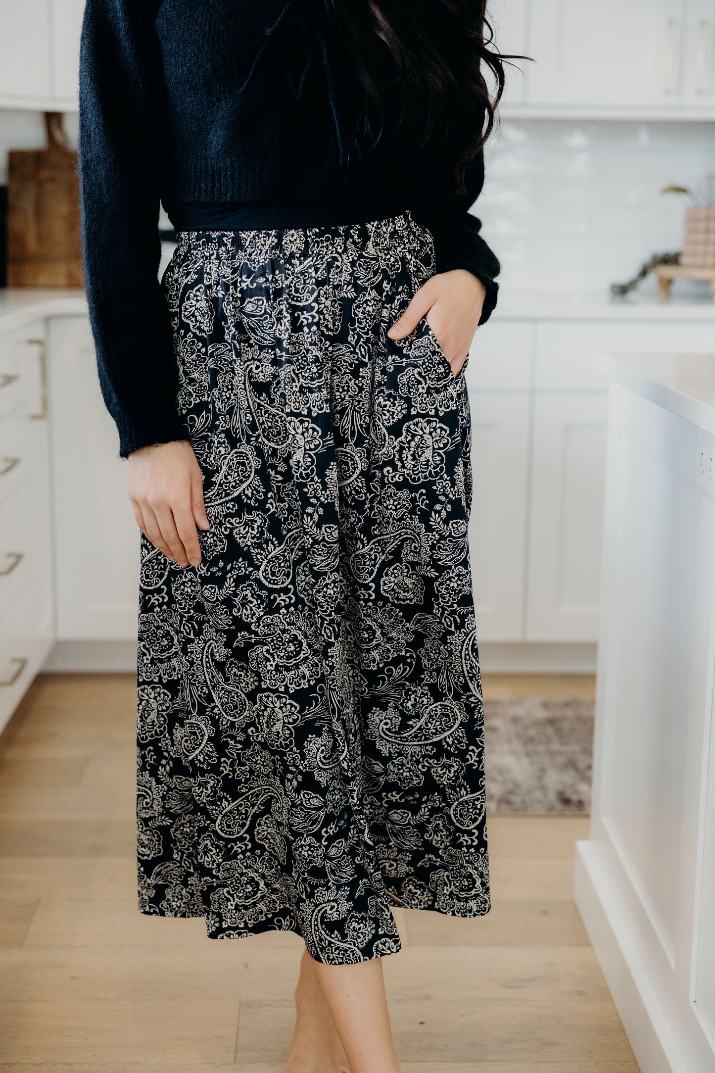 Paisley print skirt with elastic waist and pockets.