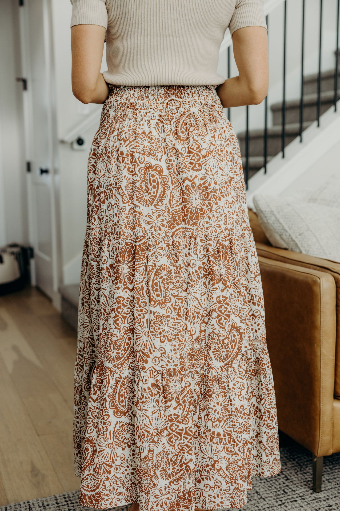 Tiered cream and copper print maxi skirt.