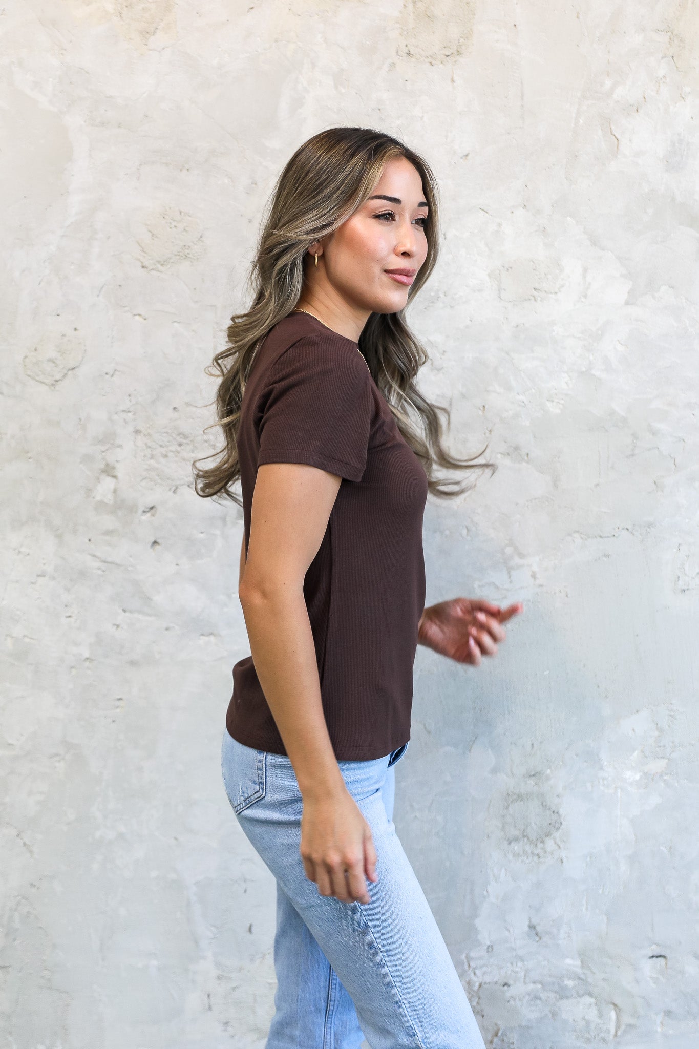 SHORT SLEEVE RIBBED TEE IN TRUFFLE BROWN