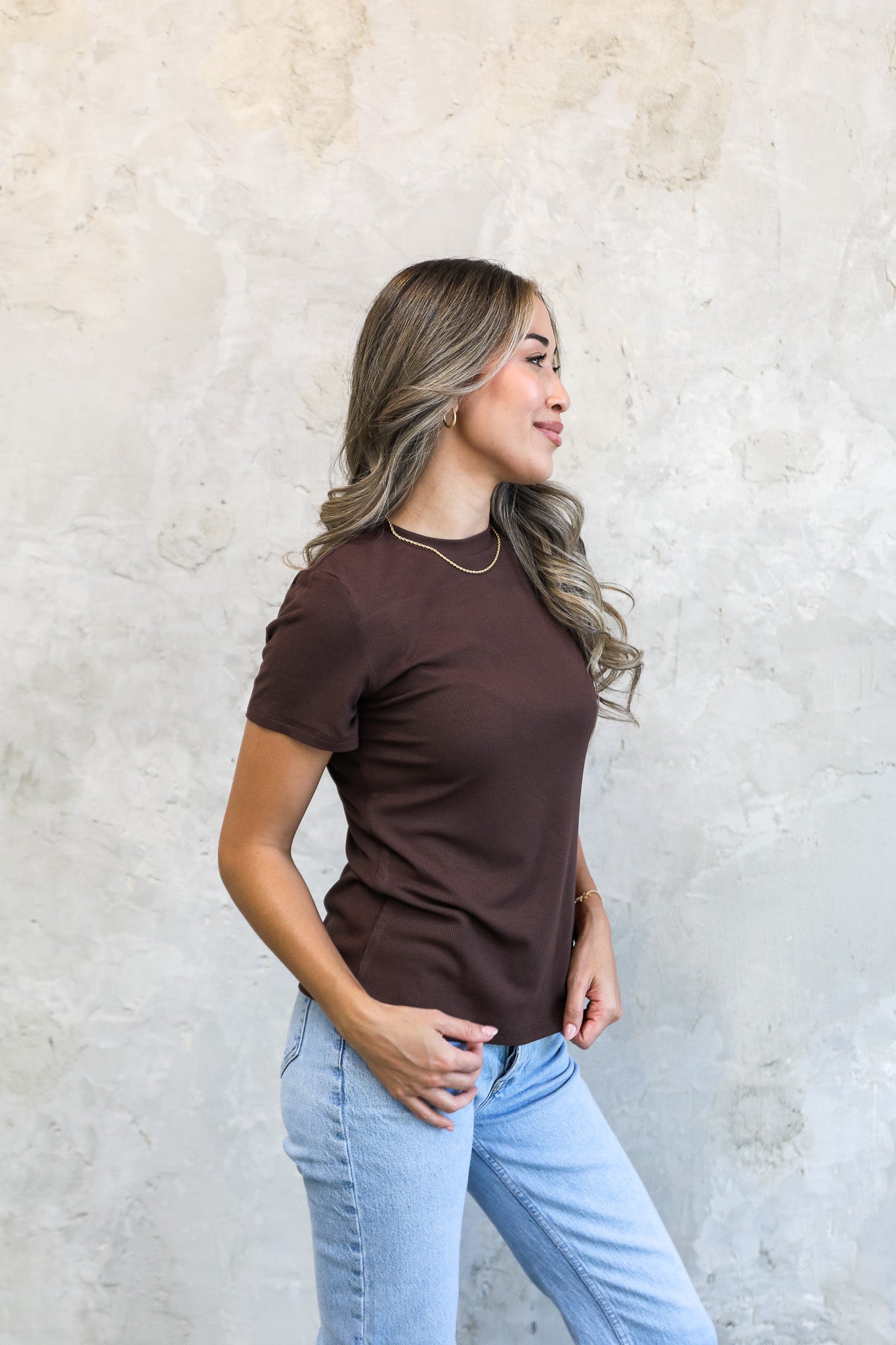 SHORT SLEEVE RIBBED TEE IN TRUFFLE BROWN