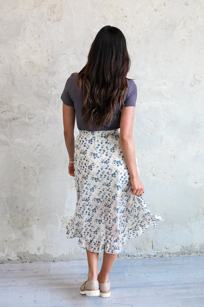 HIGH LOW RUFFLE SKIRT IN FRENCH BLUE