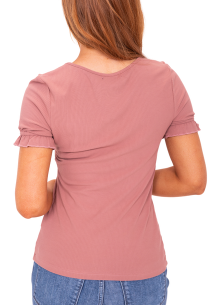 V-NECK RUFFLE TEE IN FADED ROSE FINAL SALE