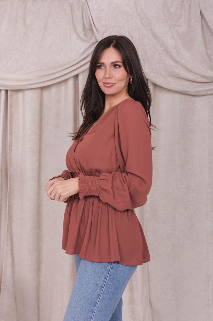 SMOCKED WAIST LONG SLEEVE IN DUSTED CLAY FINAL SALE