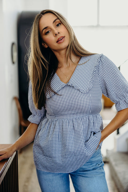 PETER PAN COLLARED BLOUSE IN LIGHT BLUE GINGHAM