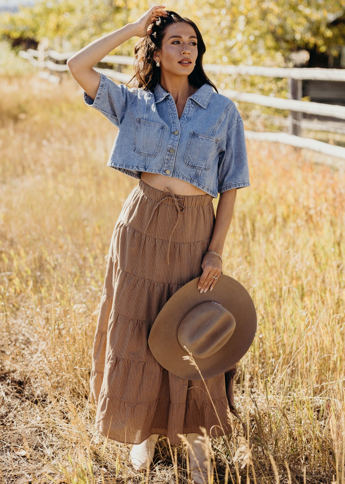 DRAWSTRING BOHO SKIRT IN SADDLE STRIPE