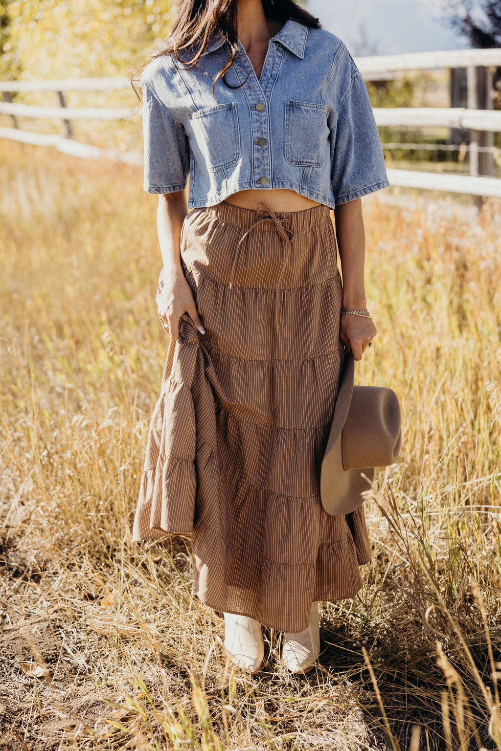 DRAWSTRING BOHO SKIRT IN SADDLE STRIPE