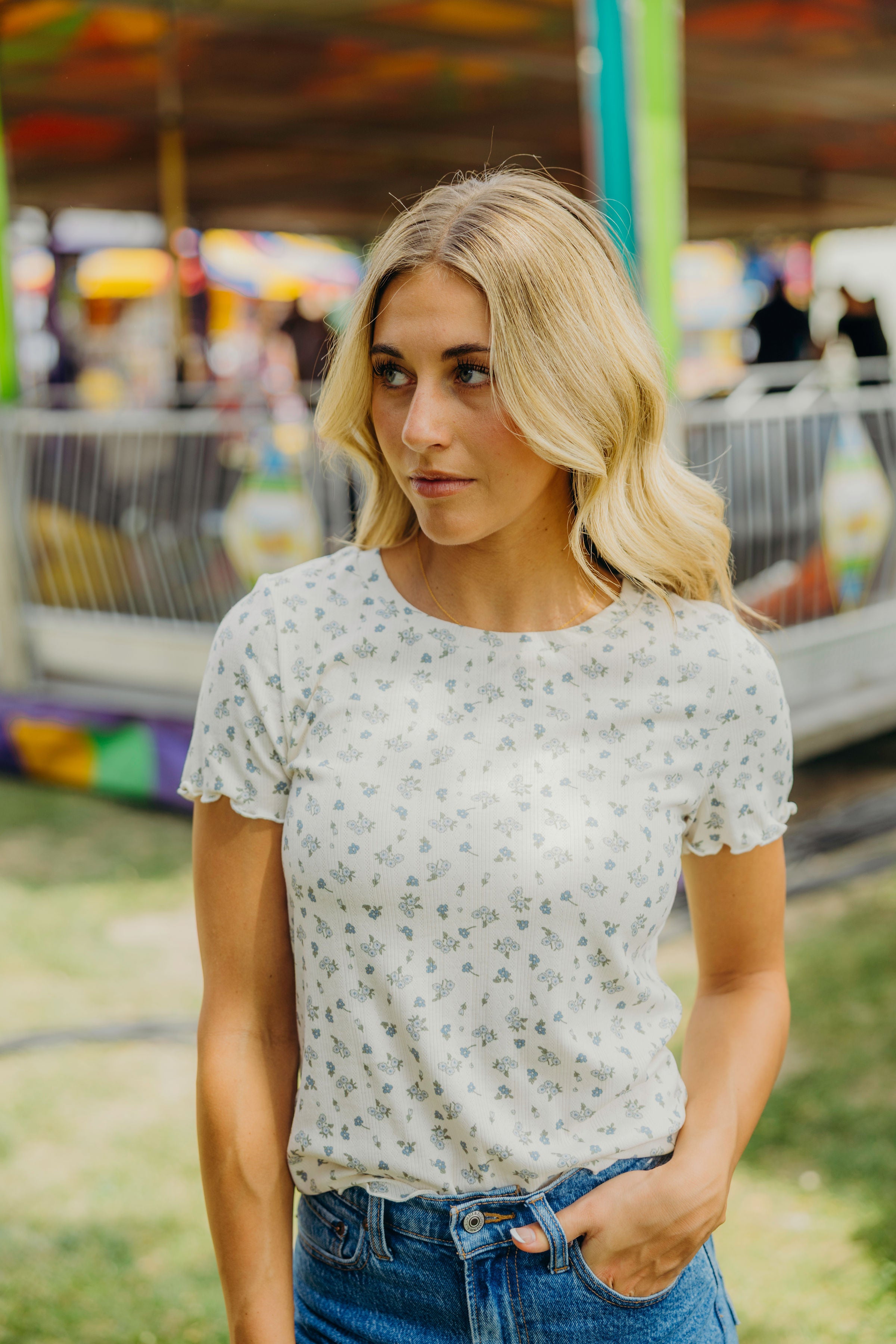 POINTELLE PRINTED TOP IN DUSTY CORNFLOWER