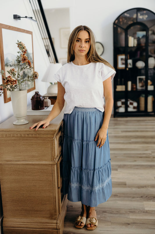 EMBROIDERED TRIM MAXI SKIRT IN CHAMBRAY