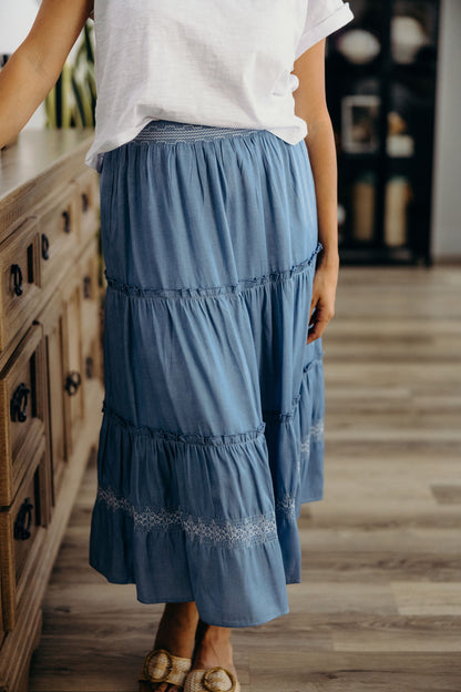 EMBROIDERED TRIM MAXI SKIRT IN CHAMBRAY