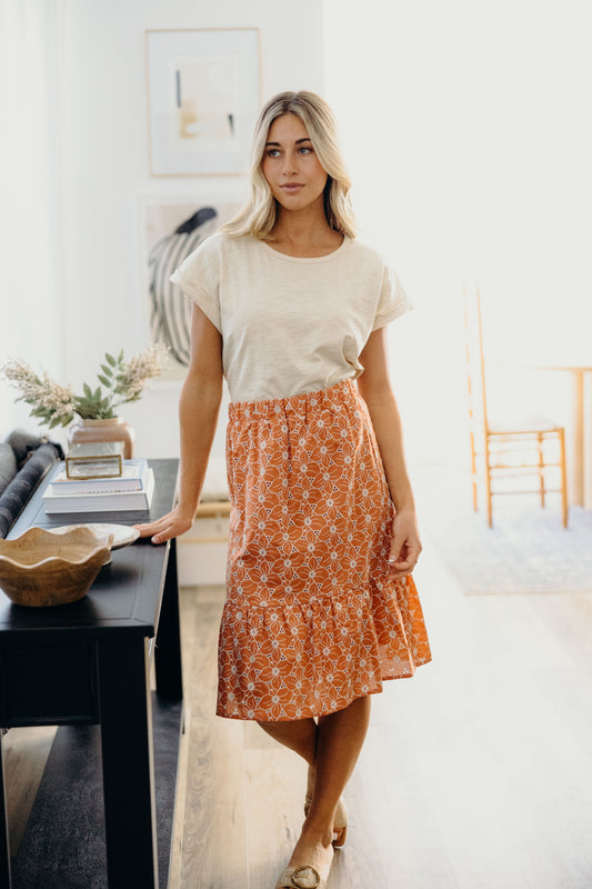 EMBROIDERED ORGANZA SKIRT IN BURNT ORANGE