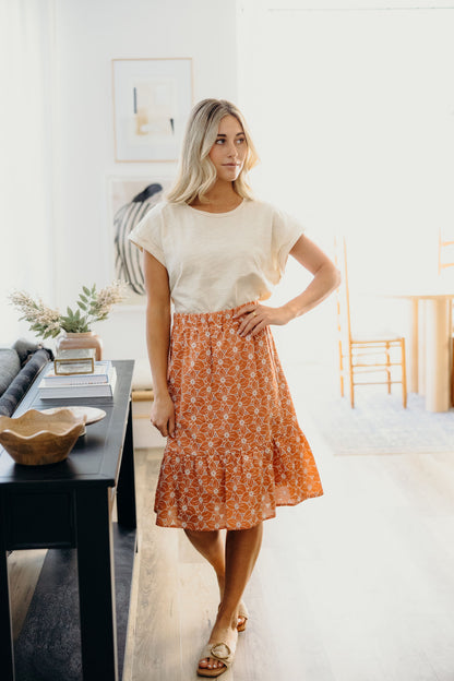 EMBROIDERED ORGANZA SKIRT IN BURNT ORANGE