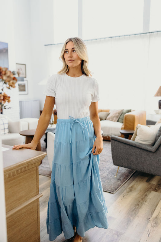 DRAWSTRING BOHO SKIRT IN BABY BLUE