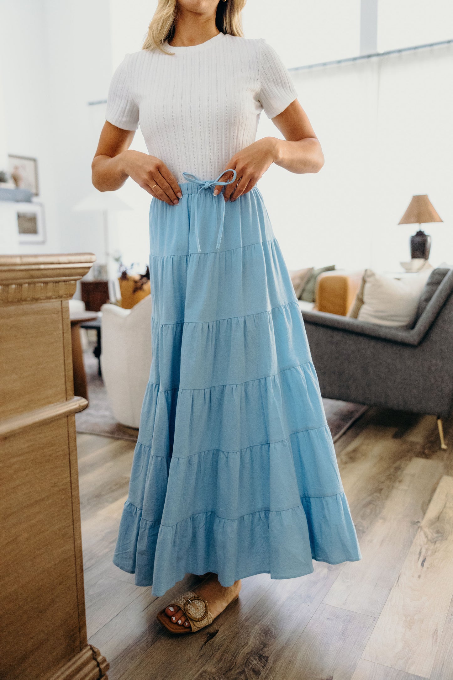 DRAWSTRING BOHO SKIRT IN BABY BLUE