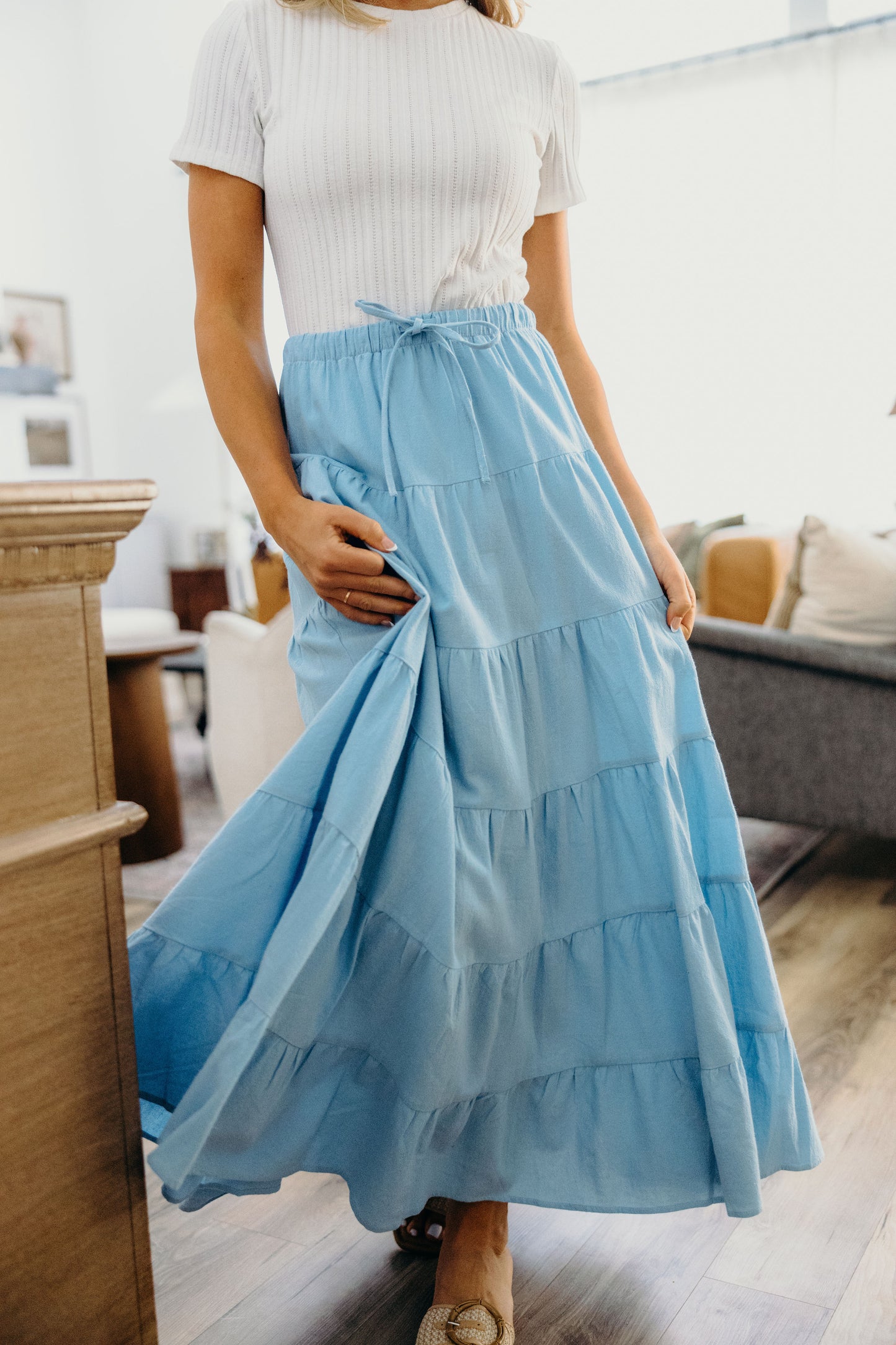 DRAWSTRING BOHO SKIRT IN BABY BLUE