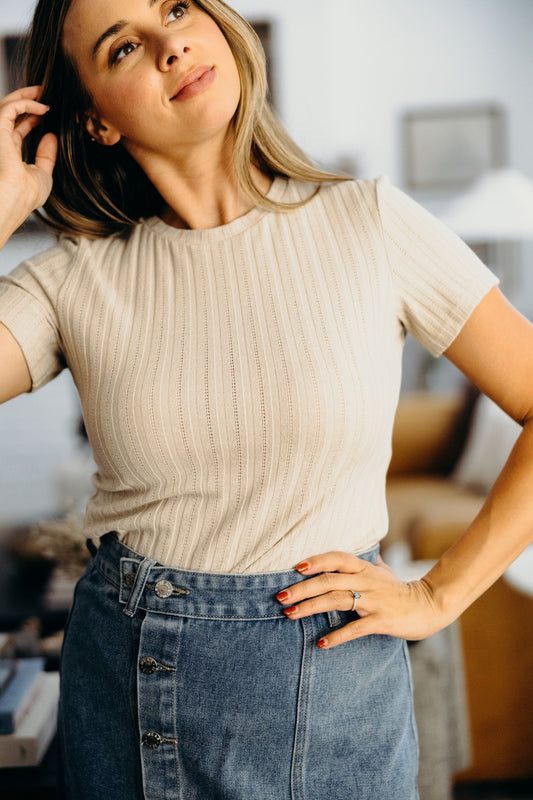 POINTELLE TOP IN OATMEAL