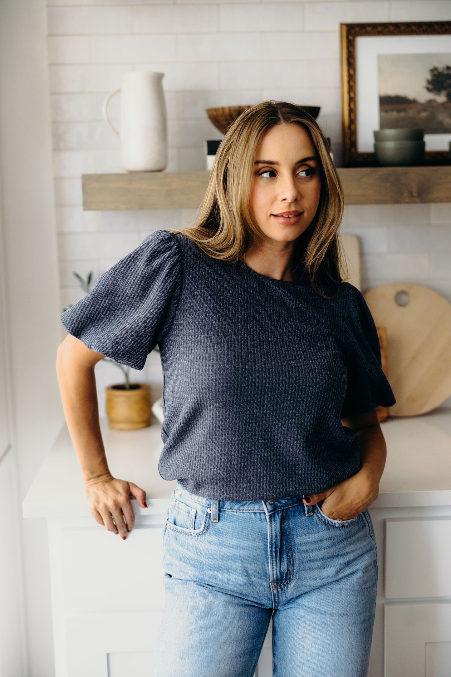 TEXTURED PUFF SLEEVE BLOUSE IN SLATE BLUE