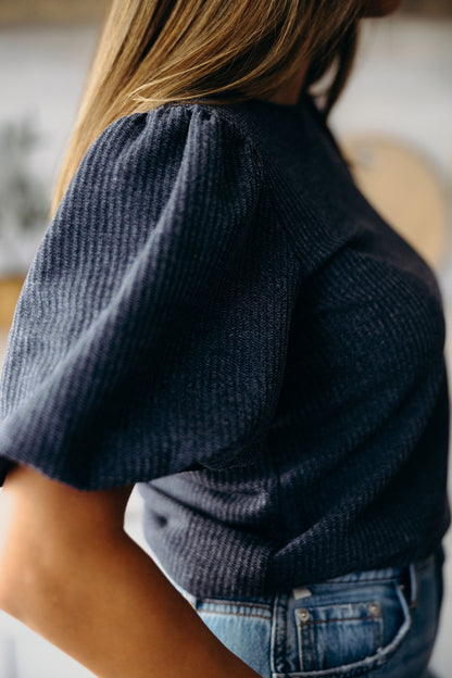TEXTURED PUFF SLEEVE BLOUSE IN SLATE BLUE