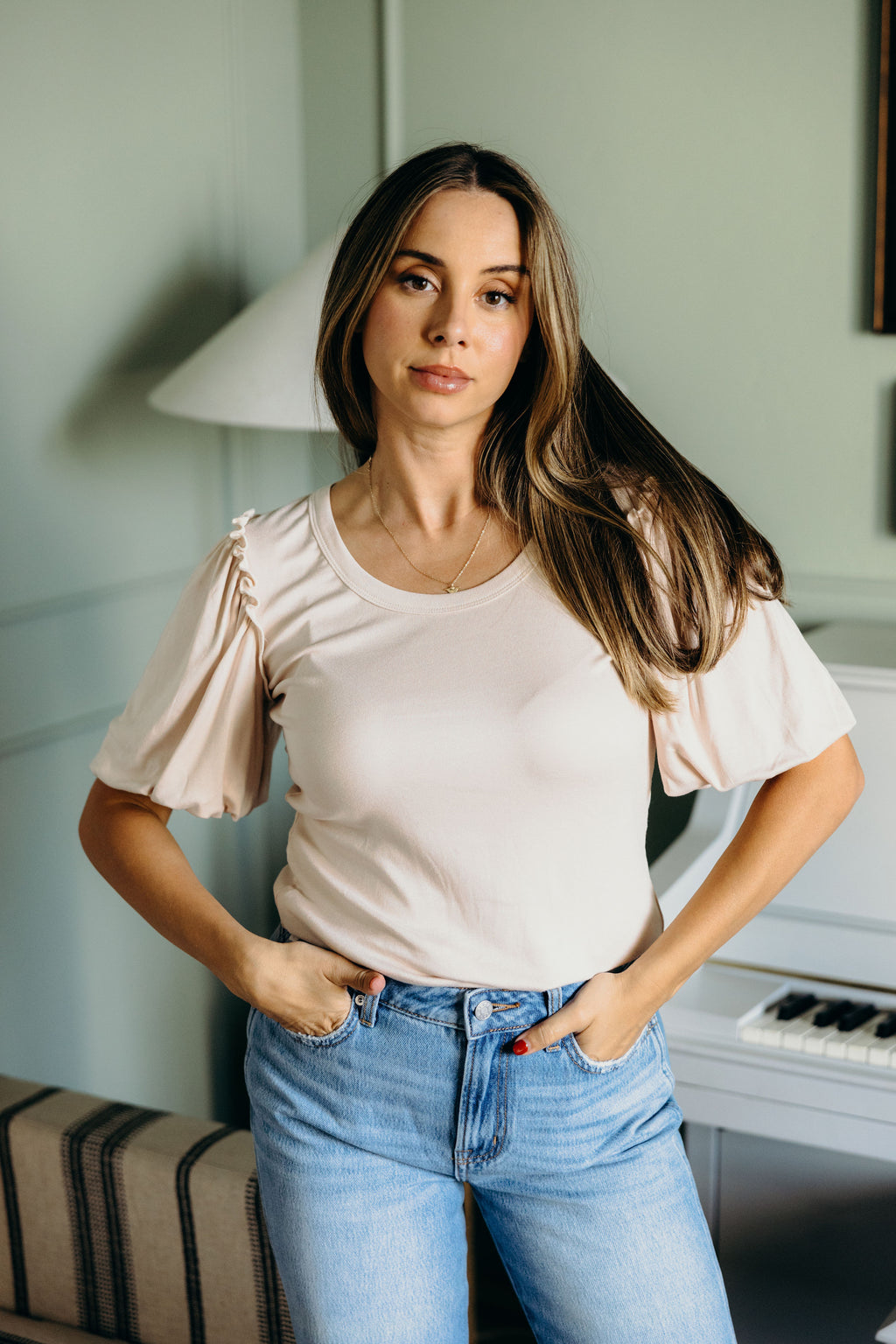 BUBBLE SLEEVE BLOUSE IN PEARL FINAL SALE