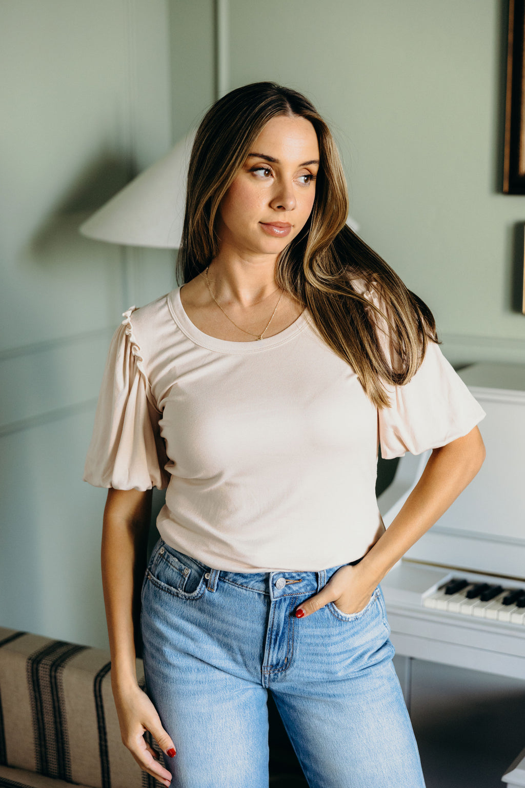 BUBBLE SLEEVE BLOUSE IN PEARL FINAL SALE