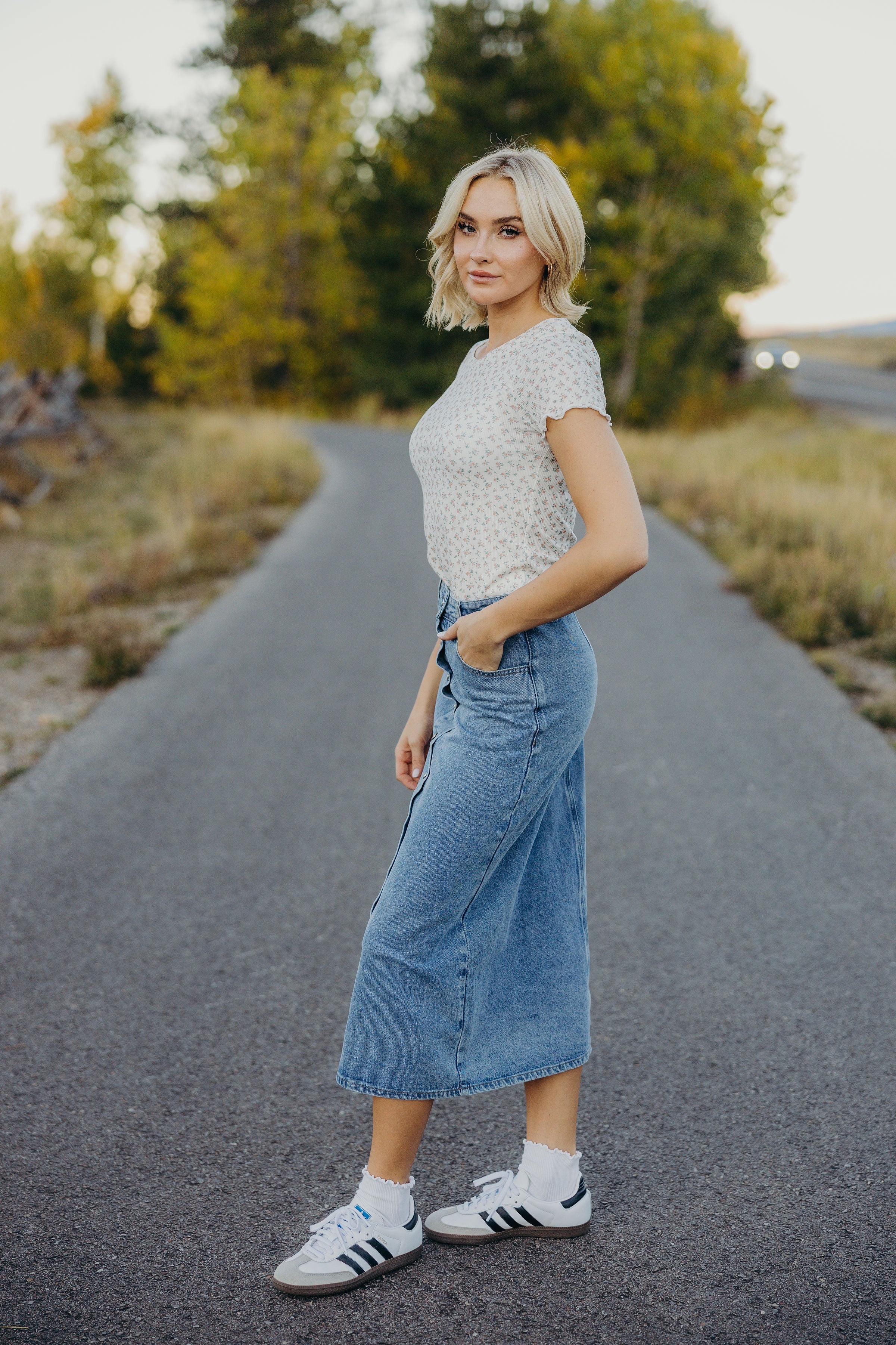 DENIM BUTTON MAXI SKIRT IN FADED WASH