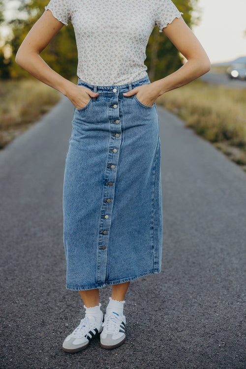 DENIM BUTTON MAXI SKIRT IN FADED WASH FINAL SALE