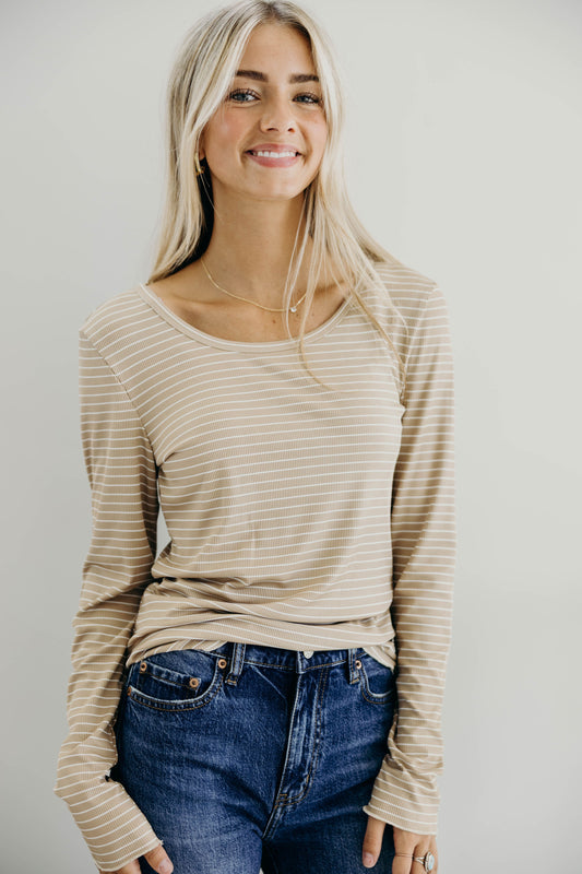 LONG SLEEVE RIBBED TEE IN BEIGE STRIPE