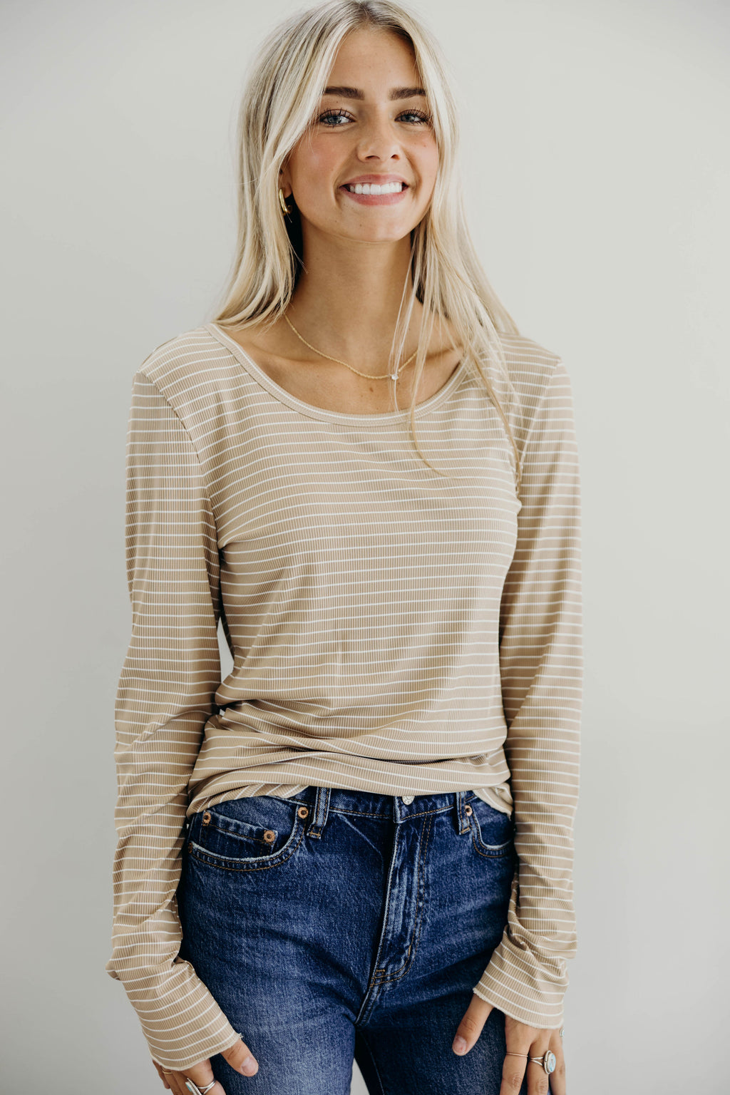 LONG SLEEVE RIBBED TEE IN BEIGE STRIPE FINAL SALE