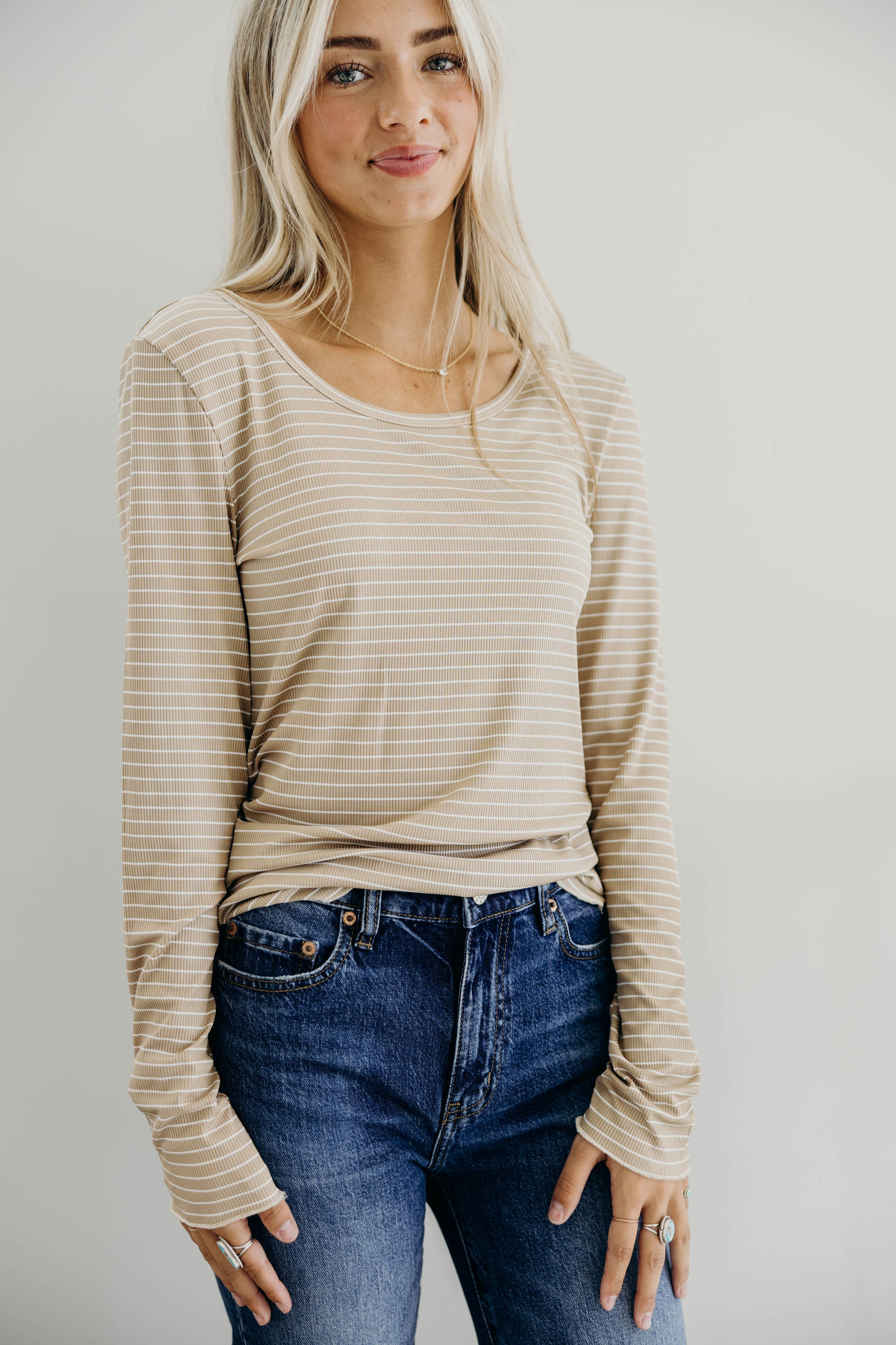 LONG SLEEVE RIBBED TEE IN BEIGE STRIPE FINAL SALE