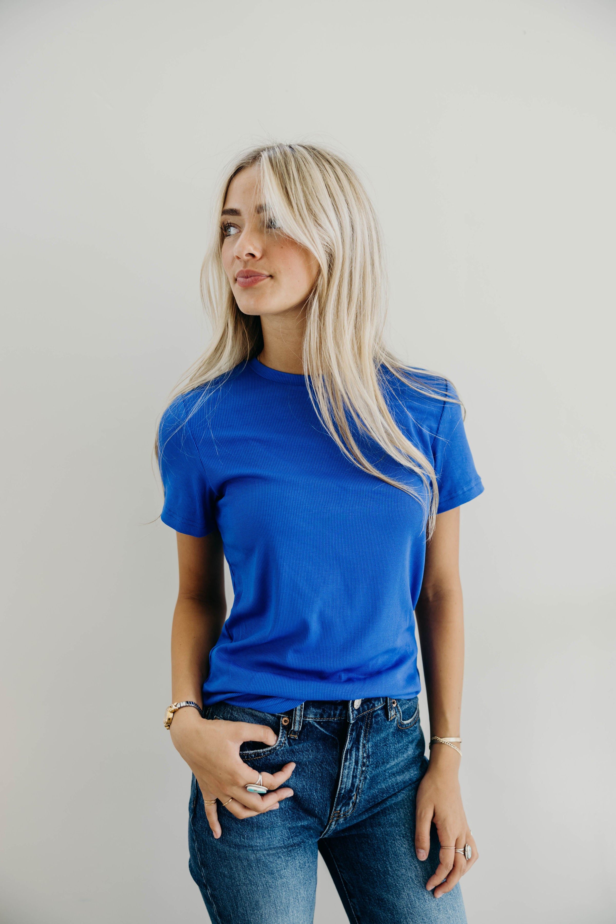 SHORT SLEEVE RIBBED TEE IN COBALT FINAL SALE