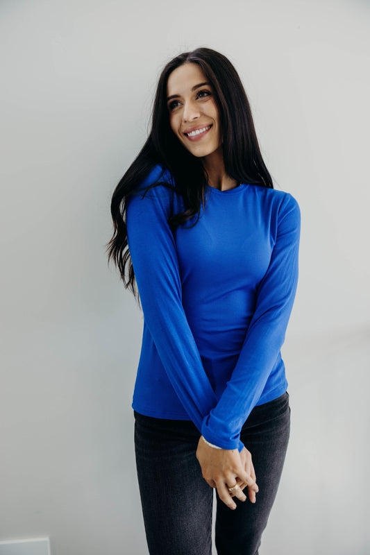 HIGH NECK LONG SLEEVE TEE IN COBALT
