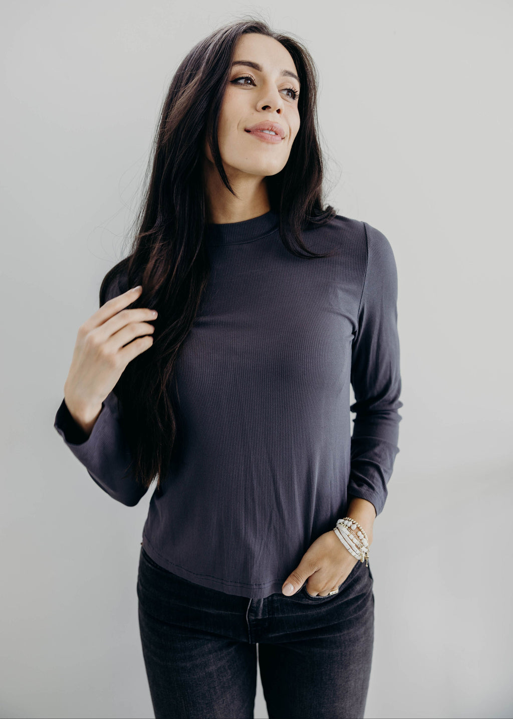 LONG SLEEVE MOCKNECK IN BLACK ONYX