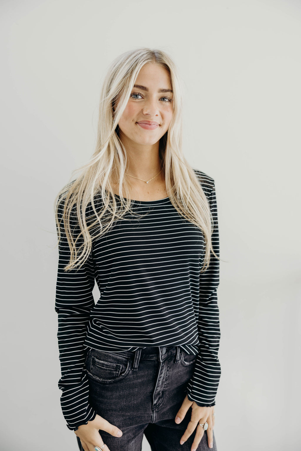 LONG SLEEVE RIBBED TEE IN BLACK STRIPE FINAL SALE