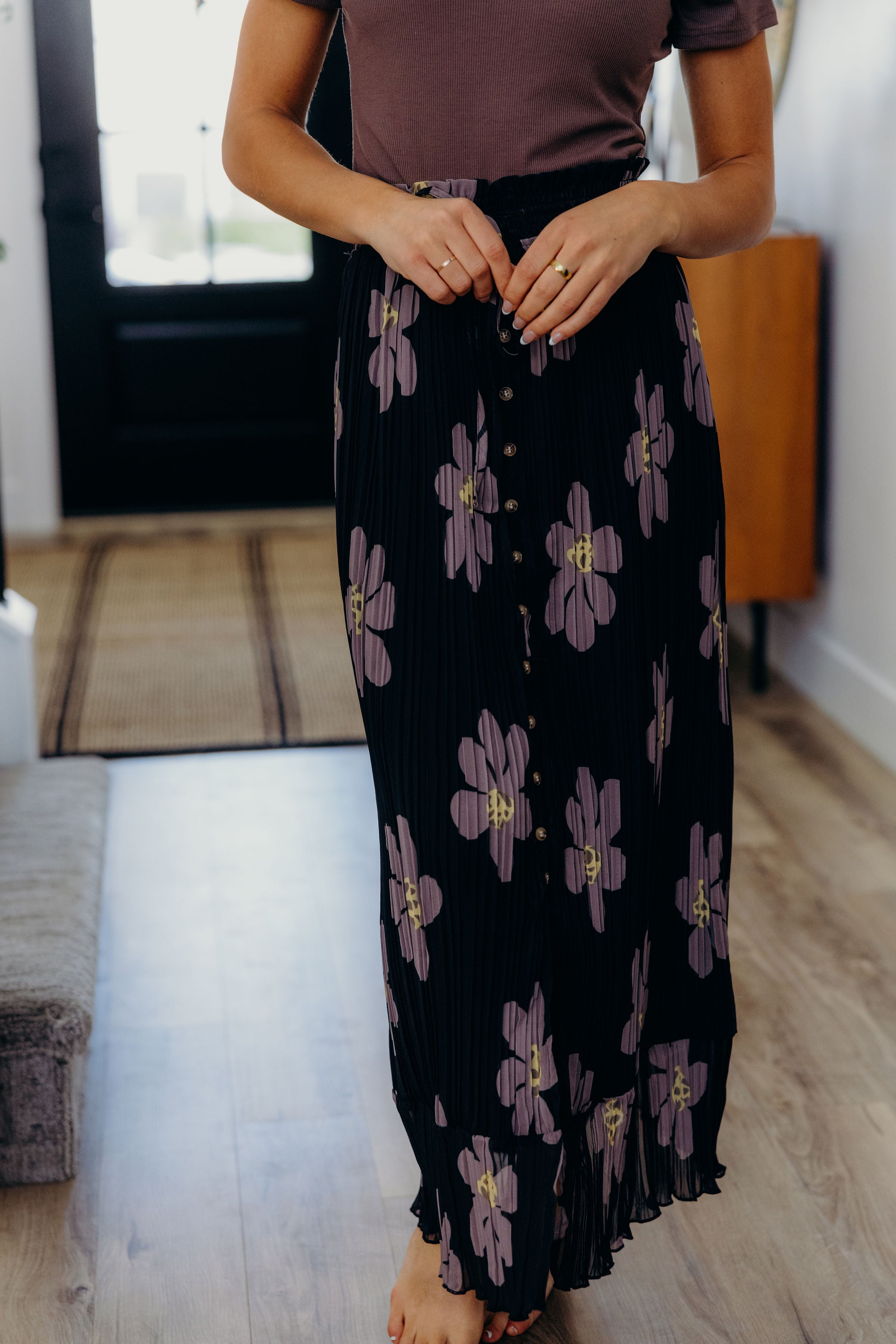 BUTTON FRONT MAXI IN BROWN FLORAL FINAL SALE