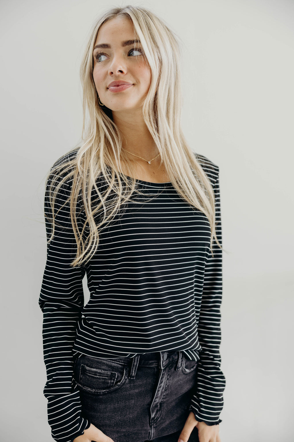 LONG SLEEVE RIBBED TEE IN BLACK STRIPE FINAL SALE