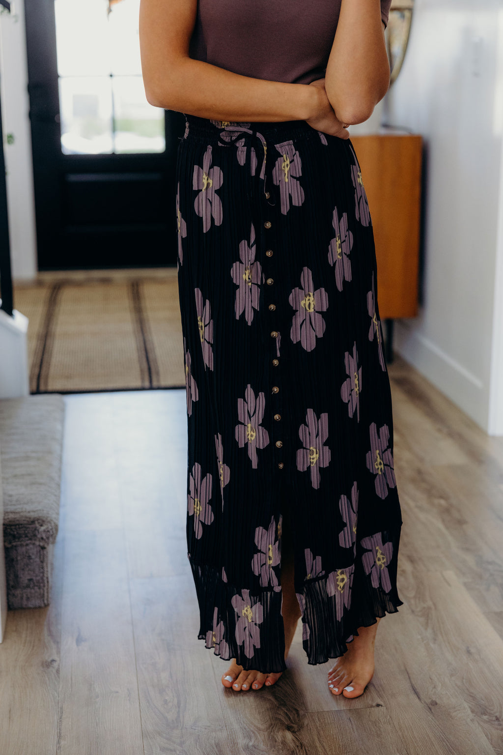 BUTTON FRONT MAXI IN BROWN FLORAL FINAL SALE